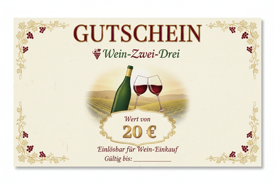 Gutschein für einen Weineinkauf in Höhe von 20 € bei Wein-Zwei-Drei
